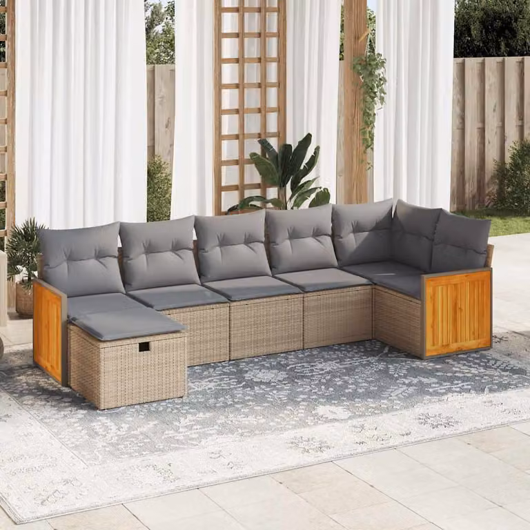 Set di divani da giardino vidaXL 7 pezzi con cuscini beige in rattan e struttura in acciaio e legno di acacia a forma di L