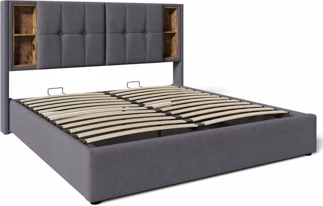 Letto imbottito matrimoniale 160 × 200 cm con contenitore, ricarica wireless, USB e tipo C, materasso incluso, grigio