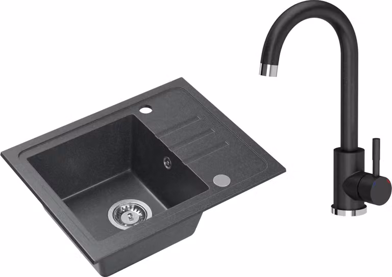 VBChome Lavello in granito nero con rubinetteria 55 x 44 cm Lavello da incasso a vasca singola Macchiettato Reversibile Lavello in granito Sifone Rubinetteria per lavabo