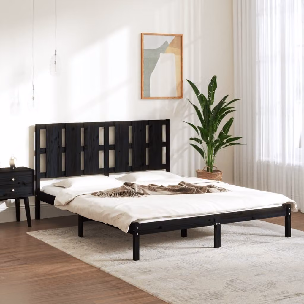 The Living Store Letto in legno massiccio nero 150x200 cm