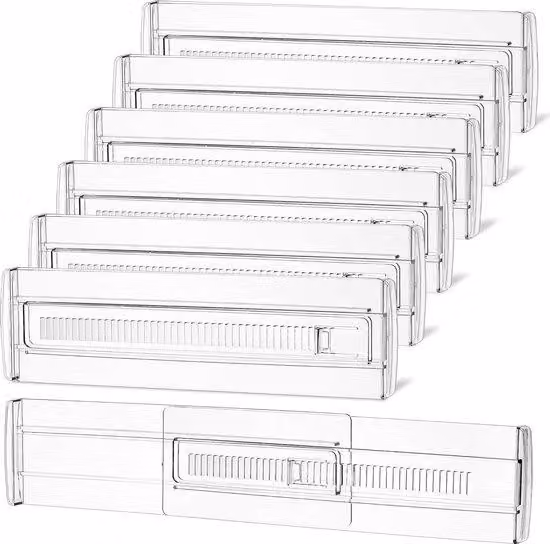 Allecto Plus - Set da 6 elementi, con stazioni di ricarica trasparenti e regolabili, adatte per cucina, camera da letto e ufficio - altezza 8 cm, estensibili da 285 a 505 cm