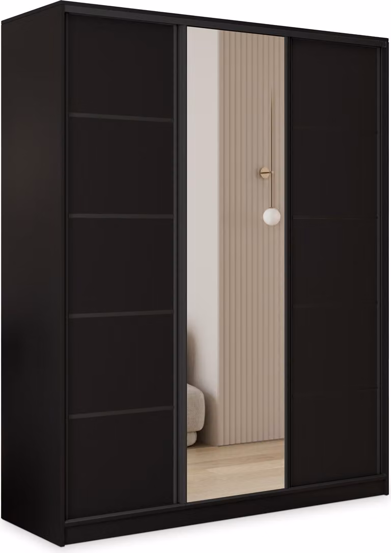 Armadio scorrevole Masseno PINA 160/205/58 cm Armadio con 4 cassetti Armadio per camera da letto a 3 ante con specchio Nero