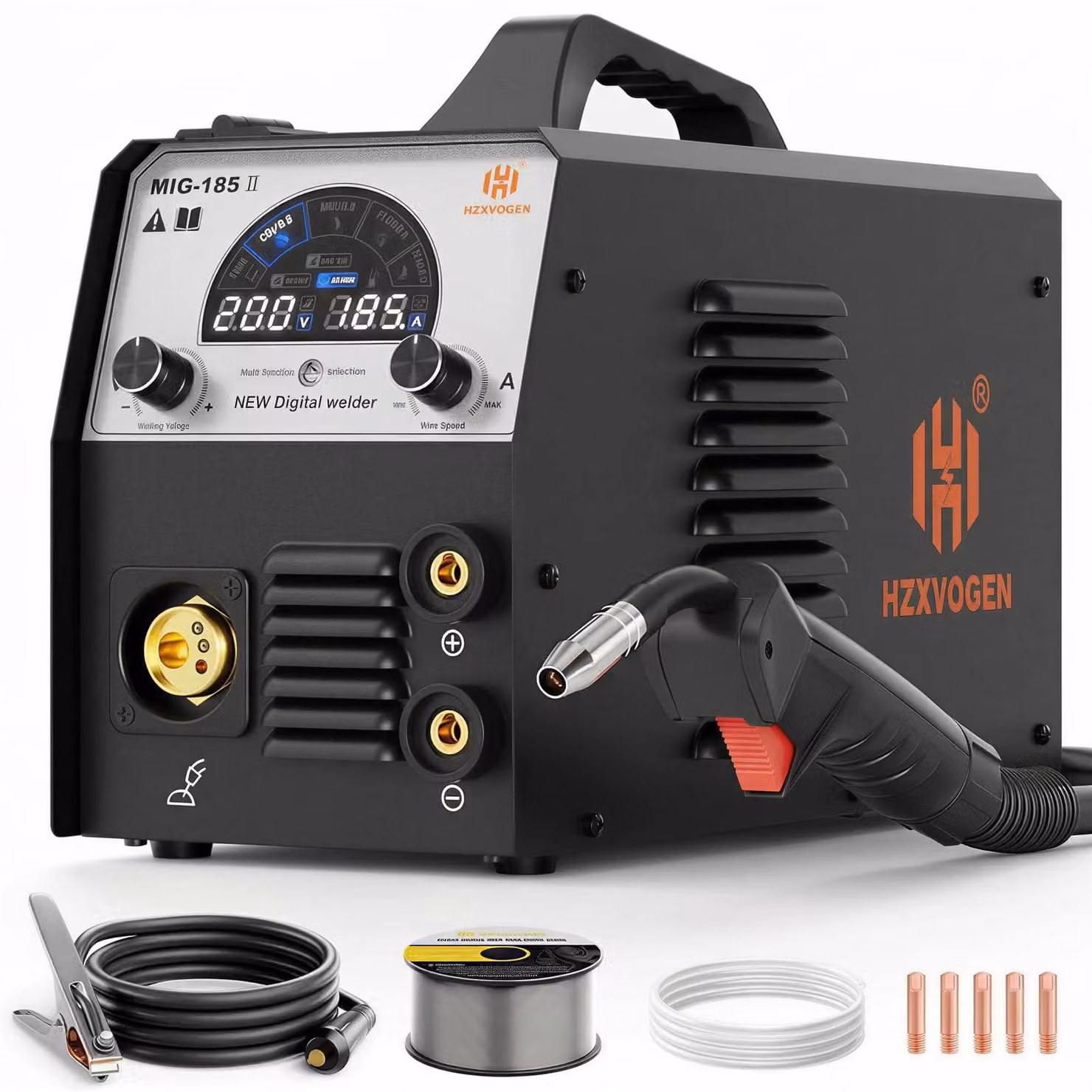 Saldatrice MIG 185A 4-in-1: gas MIG, MMA, saldatura TIG con accensione a sollevamento. Potenza: 56 W. Materiale: ABS. Colore: nero