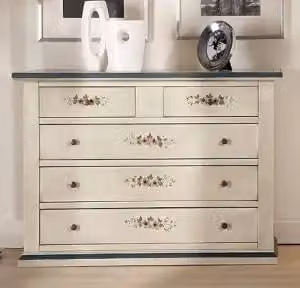 Comò casettiera in legno 3+2 cassetti Shabby chic bianco anticato decorato fiori con filo blu