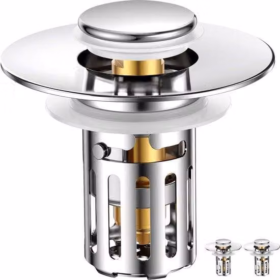 Set da 2 scarichi per WC e vasca da bagno da 1 pollice - Scarico per WC e vasca da bagno interamente in metallo con un'efficienza di blocco del 99% - Scarico universale 3 in 1 con sifone a molla e sacchetto filtro in acciaio inossidabile rimovibile per la