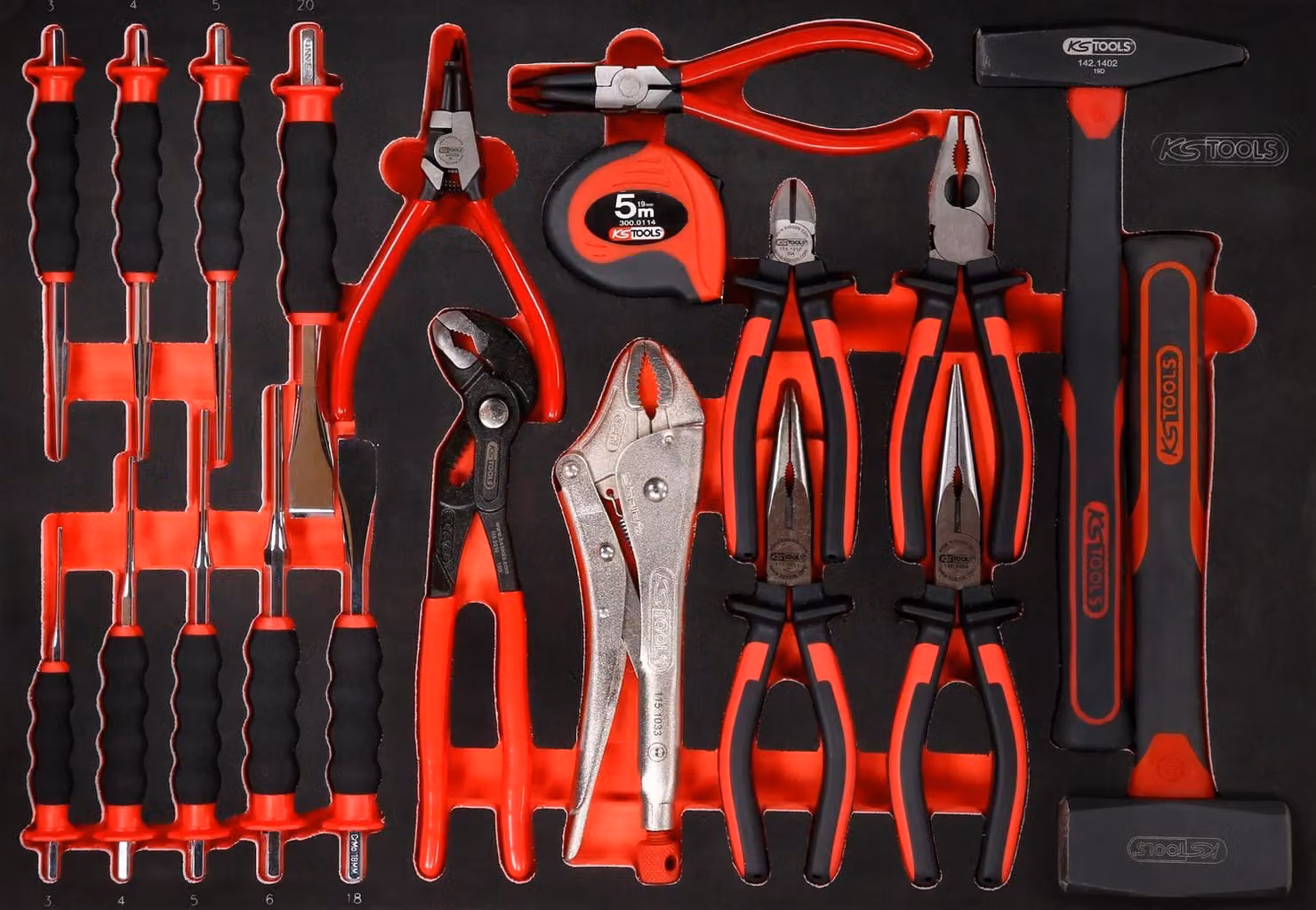 KS TOOLS Set di pinze / martelli / e scalpelli con inserto in schiuma, 22 pezzi ( 811.2022 )