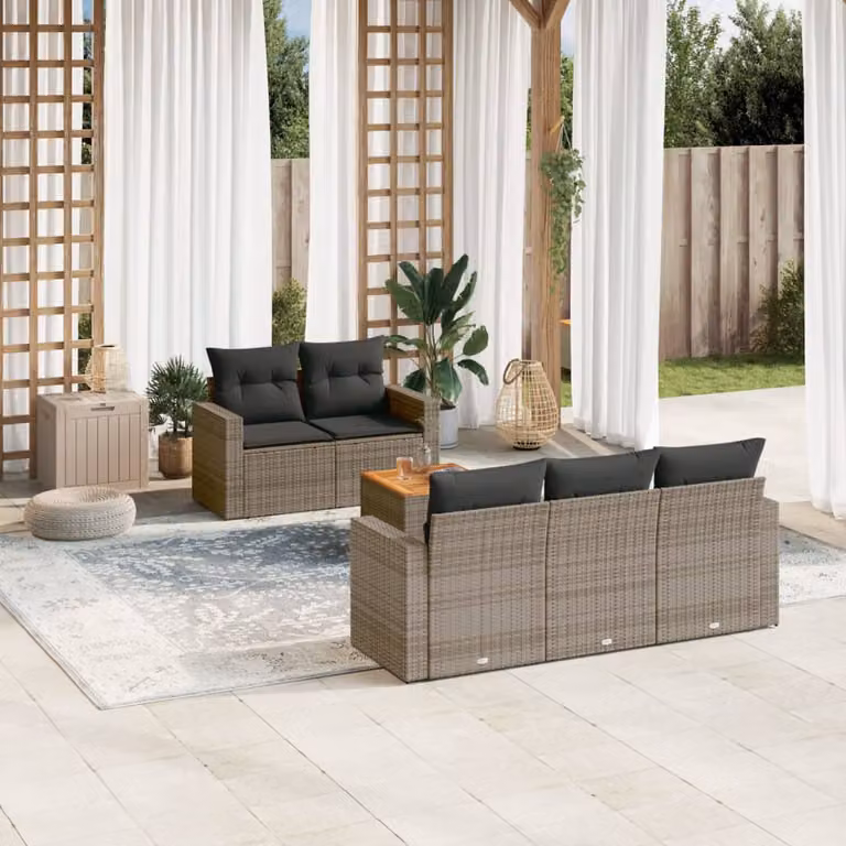 Set Divano da Giardino vidaXL 6 pz in Polyrattan con Cuscini e Tavolino, Design Moderno a L, Grigio e Marrone