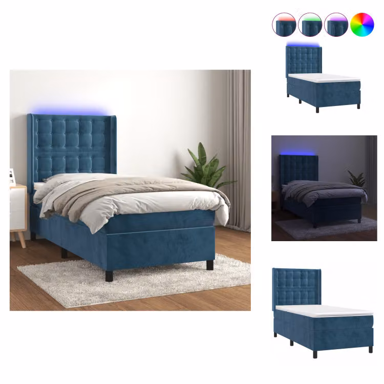 vidaXL Letto a molle con materasso e LED in velluto blu scuro 80x200 cm - Letti e strutture letto