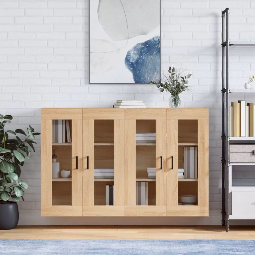 Set di 2 armadietti a parete vidaXL in legno e vetro con ante in vetro, colore marrone rovere, design moderno