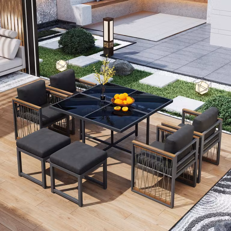 Set da giardino STILVORA - Set da balcone da 7 pezzi per esterni per 6 persone, salottino in legno di acacia per i pasti, grigio