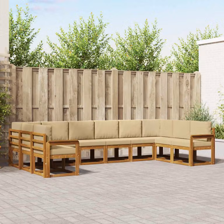vidaXL Set di divani da esterno a L in legno di acacia con cuscini, Beige e Marrone