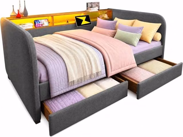 Letto imbottito 140x190 cm con testiera contenitore, LED e porte USB/Type-C, 2 cassetti e struttura in tessuto grigio per camera moderna