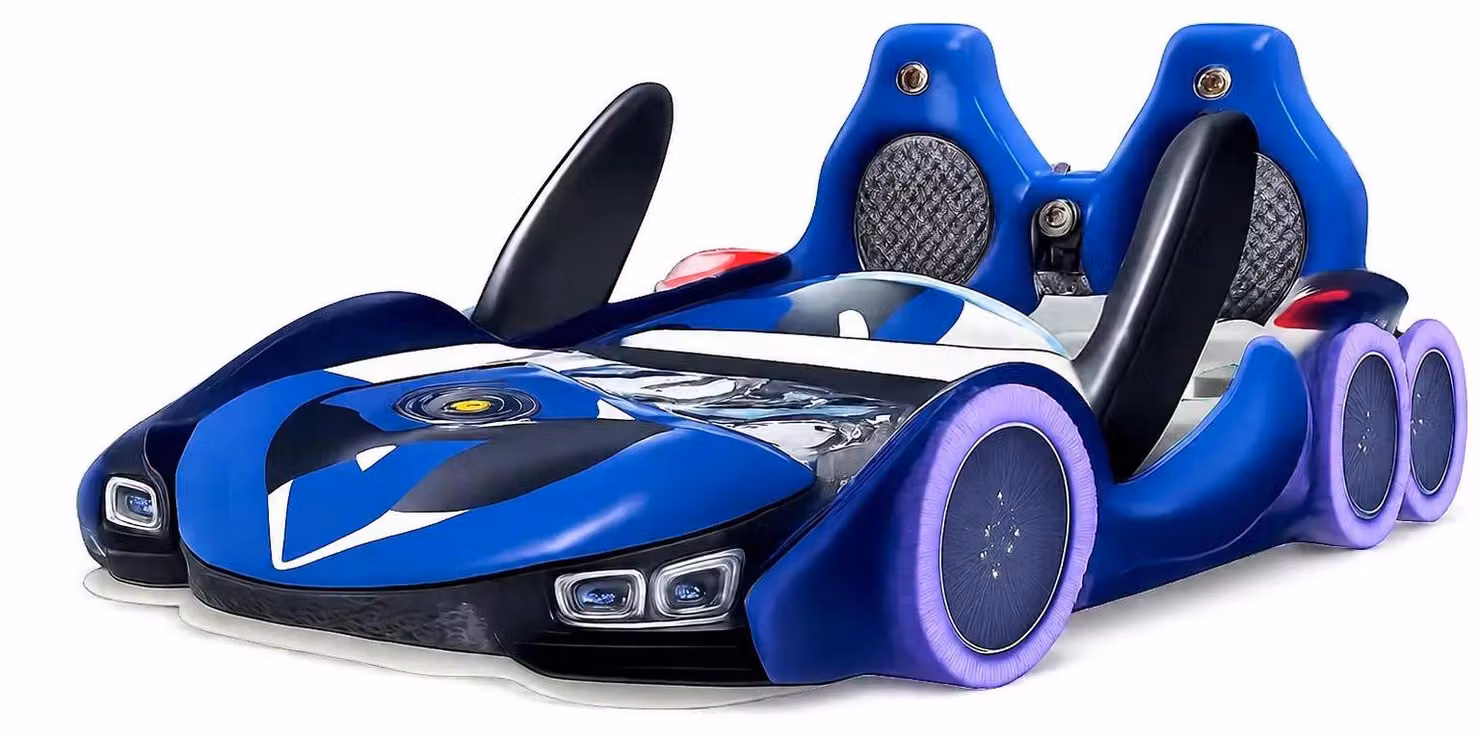 Lettino per bambini blu, con luci LED, dotato di ruote e connessione Bluetooth