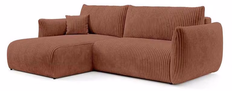Divano angolare con funzione letto, modello Alloro, rivestito in tessuto color mattone toscano