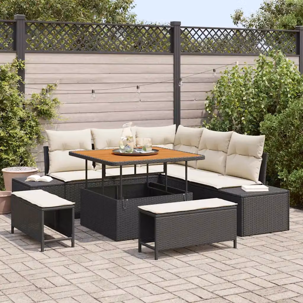 Set Divano da Giardino a L vidaXL 8 Pezzi Nero con Cuscini e Tavolino in Polyrattan e Acciaio – 1