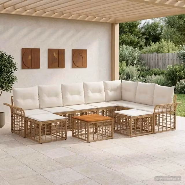Set di divani da esterno vidaXL da 9 posti con tavolino e pouf, colore beige, bianco e marrone, struttura in metallo e rattan con cuscini inclusi – 1