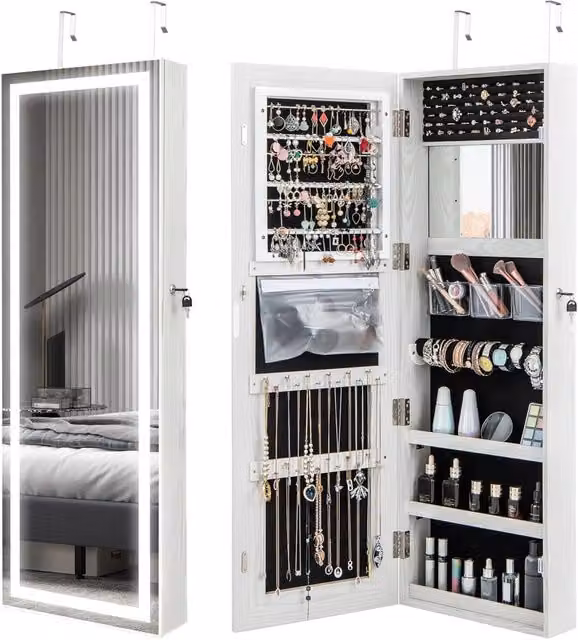 Armadietto Portagioie da Parete COSTWAY Bianco con Specchio, Luci LED e Serratura, L/P/H: 40 x 12,5 x 120 cm