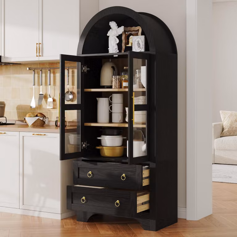 Mobiletto da cucina MODFU con design curvo, armadietto contenitore con 2 ante in vetro, mobiletto buffet alto con 2 cassetti e spazio contenitivo, colore nero, dimensioni 76x40x180 cm