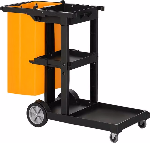 Carrello per pulizie professionale con 3 ripiani, sacco 100L e ganci portaoggetti, 121x50.5x96.5 cm, nero giallo e grigio