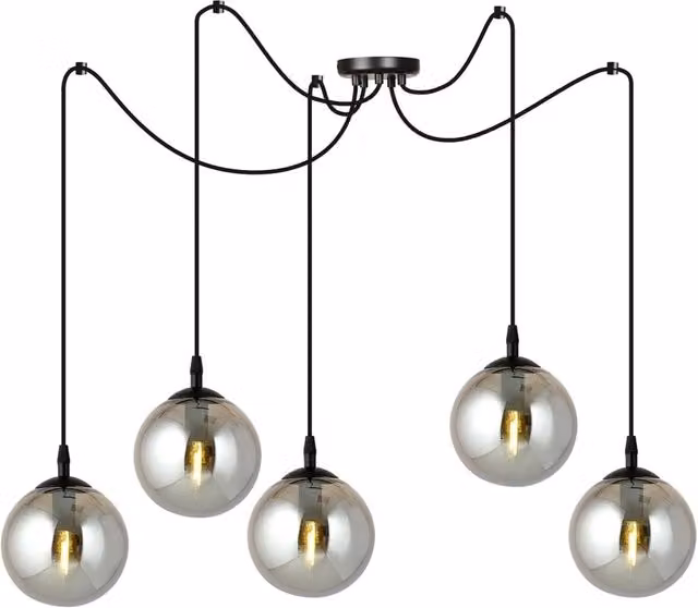 Lampadario 5 Luci Fata In Acciaio Nero Con Cavo Lungo E Vetri Fumè