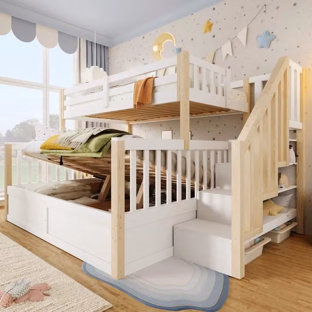 Letto a castello con contenitore idraulico e scala, 90x200+140x200 cm, bianco/naturale