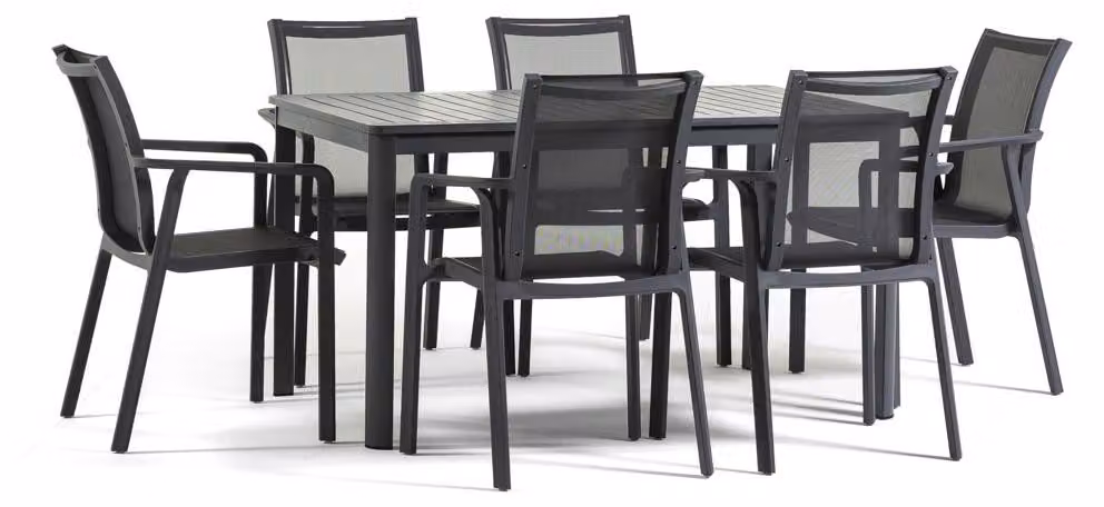 Set da pranzo da giardino a 6 posti con tavolo in acciaio 140x85 e 6 sedie con braccioli in Textilene per terrazza, veranda ed esterni, David + Victoria - Grigio
