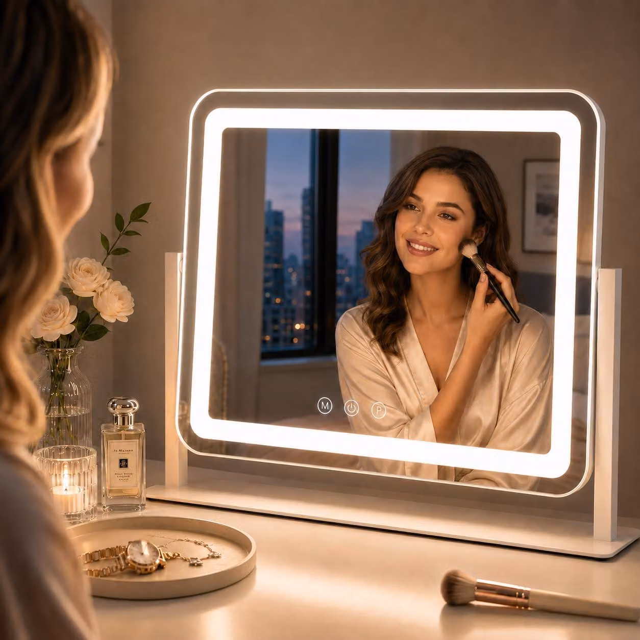 Specchio da trucco a LED, con 3 modalità di illuminazione, controllo touch, ingrandimento 10x, colore bianco