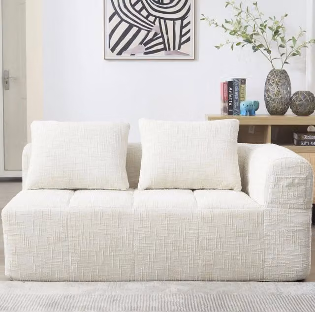 Divano con chaise longue in chenille beige 158x90x60 cm; con tasche laterali e cuscino
