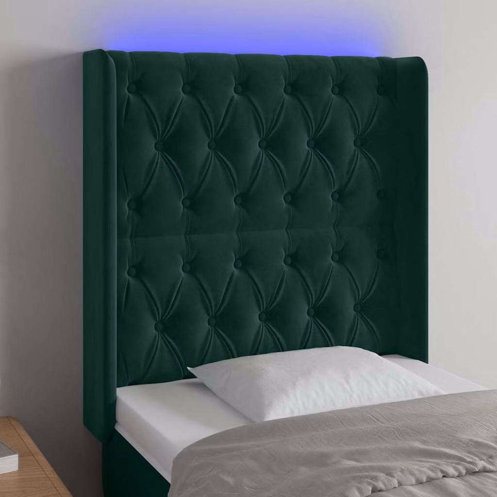 Testiera per letto vidaXL in velluto verde scuro con illuminazione LED e porta di ricarica USB, L/P/H: 83 x 16 x 118/128 cm