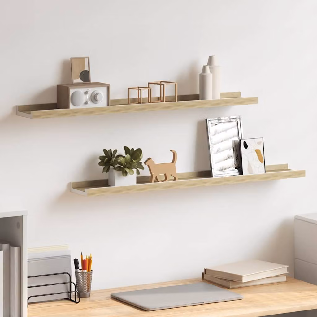 vidaXL Set di 2 Mensole da Parete in MDF Bianco e Rovere Sonoma L: 80 cm, P: 9 cm, H: 3 cm