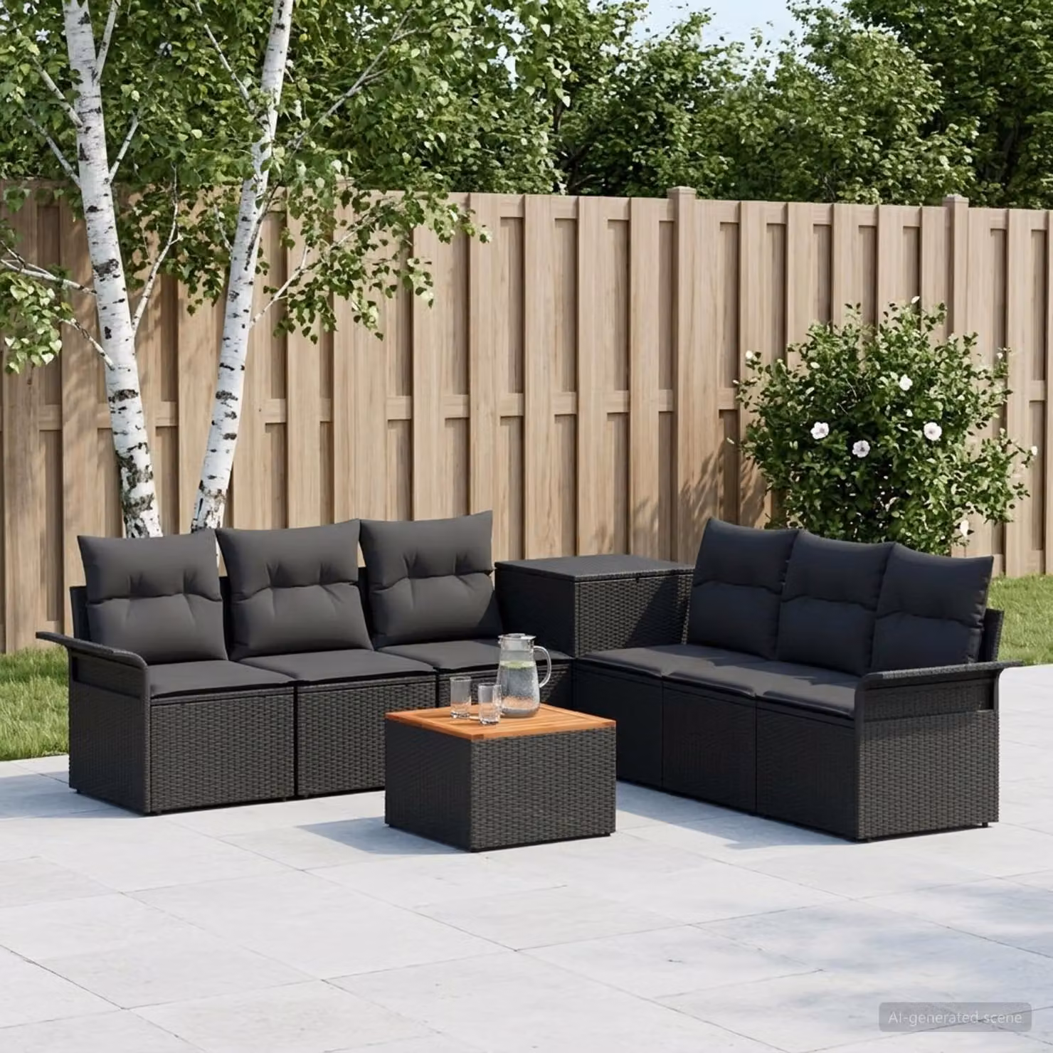 Set da giardino vidaXL composto da 8 pezzi in rattan sintetico e acciaio nero con divani a forma di U, tavolino da caffè, pouf e cuscini inclusi