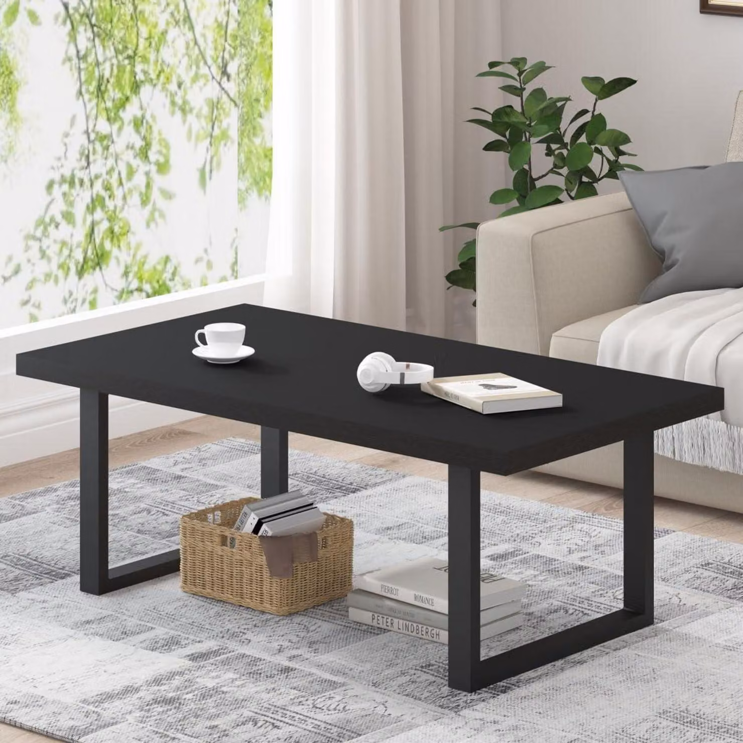 Tavolino da caffè 120 cm, nero, stile industriale, per soggiorno, da usare davanti al divano, in legno e metallo, rettangolare