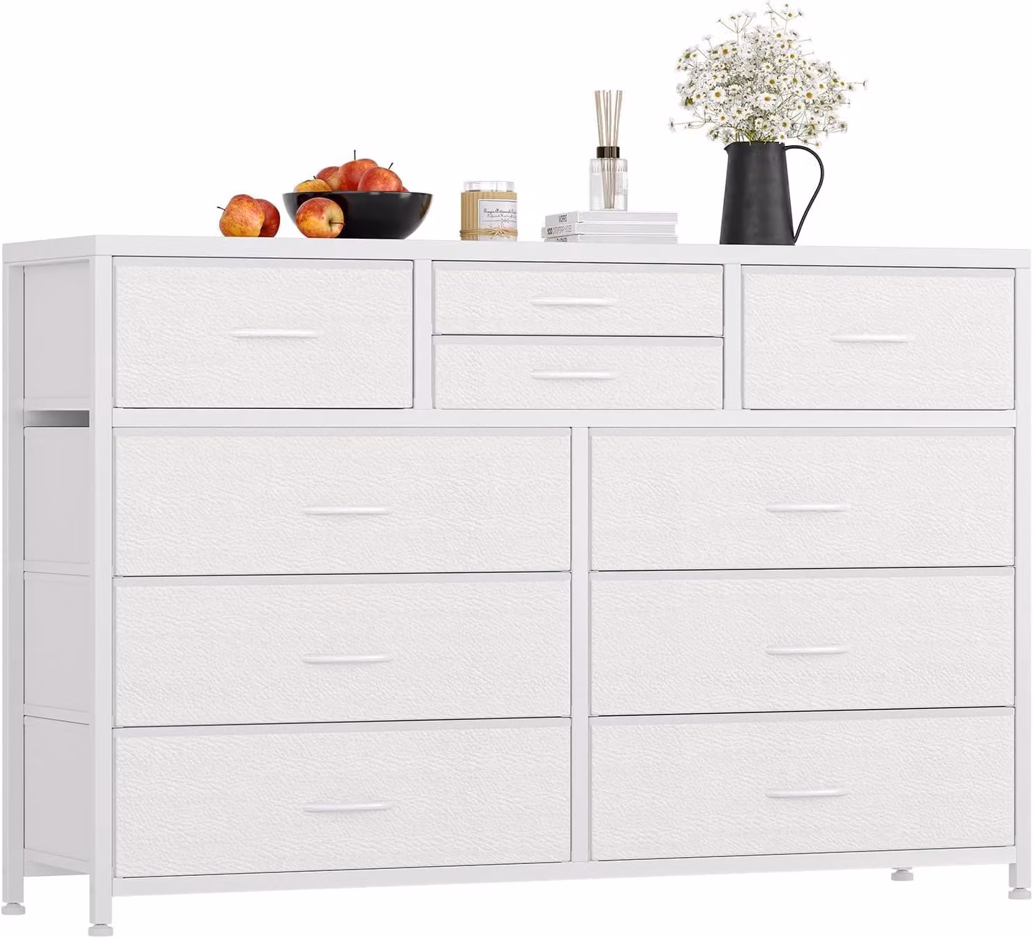 Comodino con cassetti, mobiletto laterale, versatile, capiente, colore bianco, realizzato in materiale composito di legno (MDF/pannello truciolare), struttura in metallo robusta, resistente.