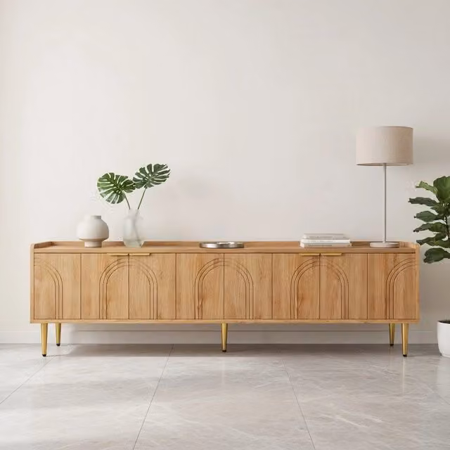 Cassettiera TV KOMHTOM moderna in MDF e metallo, beige e marrone, L: 170 cm, P: 35 cm, H: 47,5 cm – 1