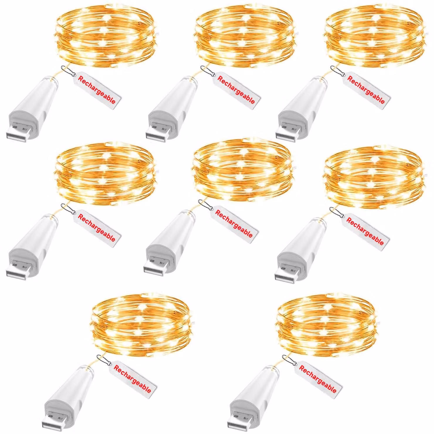 Luci decorative a LED, lunghezza 2 metri, 20 LED, ricaricabili tramite USB, luce bianco caldo, grado di protezione IP65