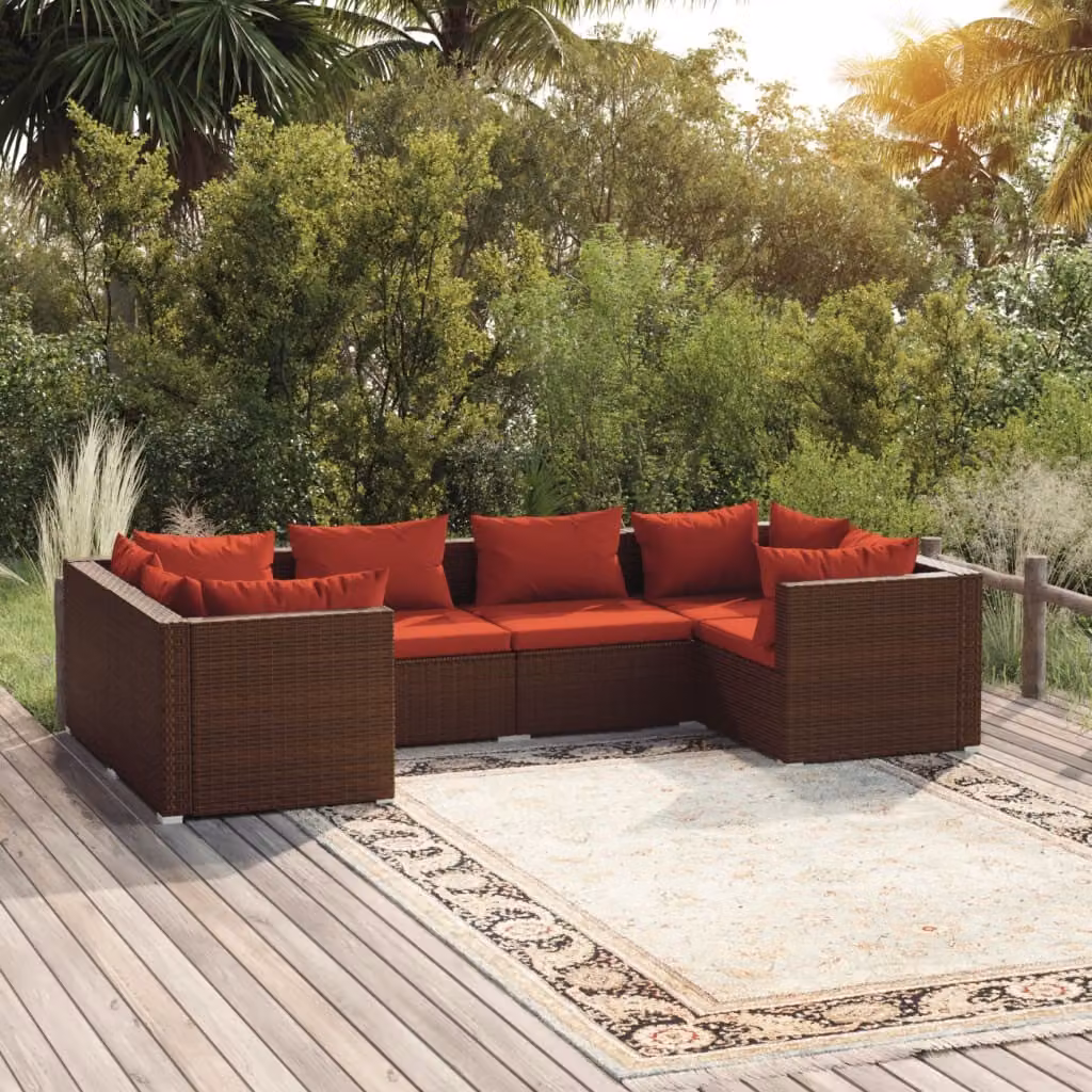 The Living Store Set da giardino da 6 pezzi con cuscini in poly rattan marrone