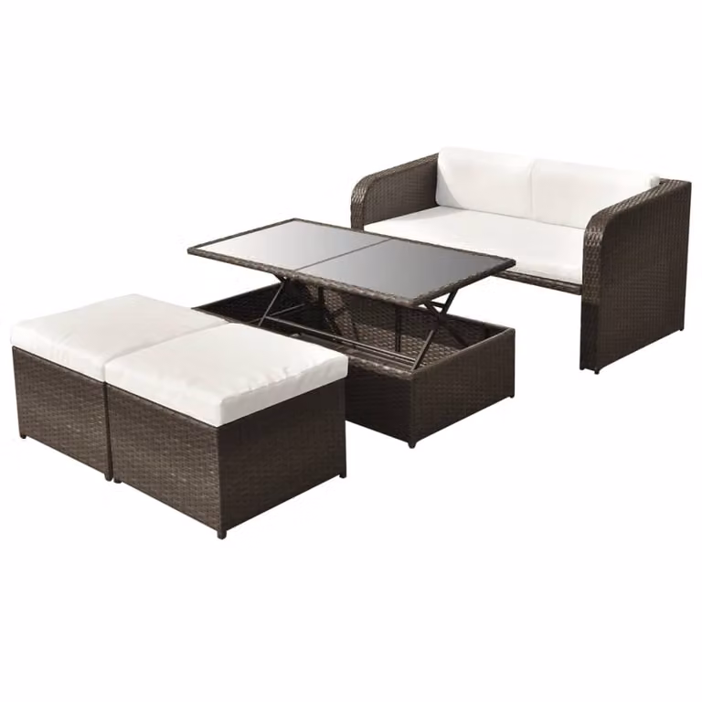 The Living Store Set salotto da giardino 4 pezzi con cuscini in poly rattan marrone