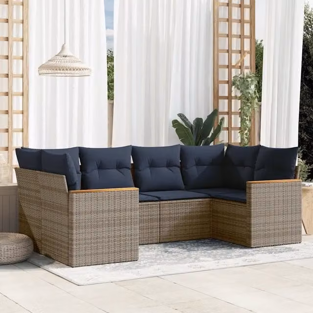 Set di divani da giardino vidaXL in rattan e metallo con cuscini inclusi, colore grigio e blu, design moderno per esterno – 1