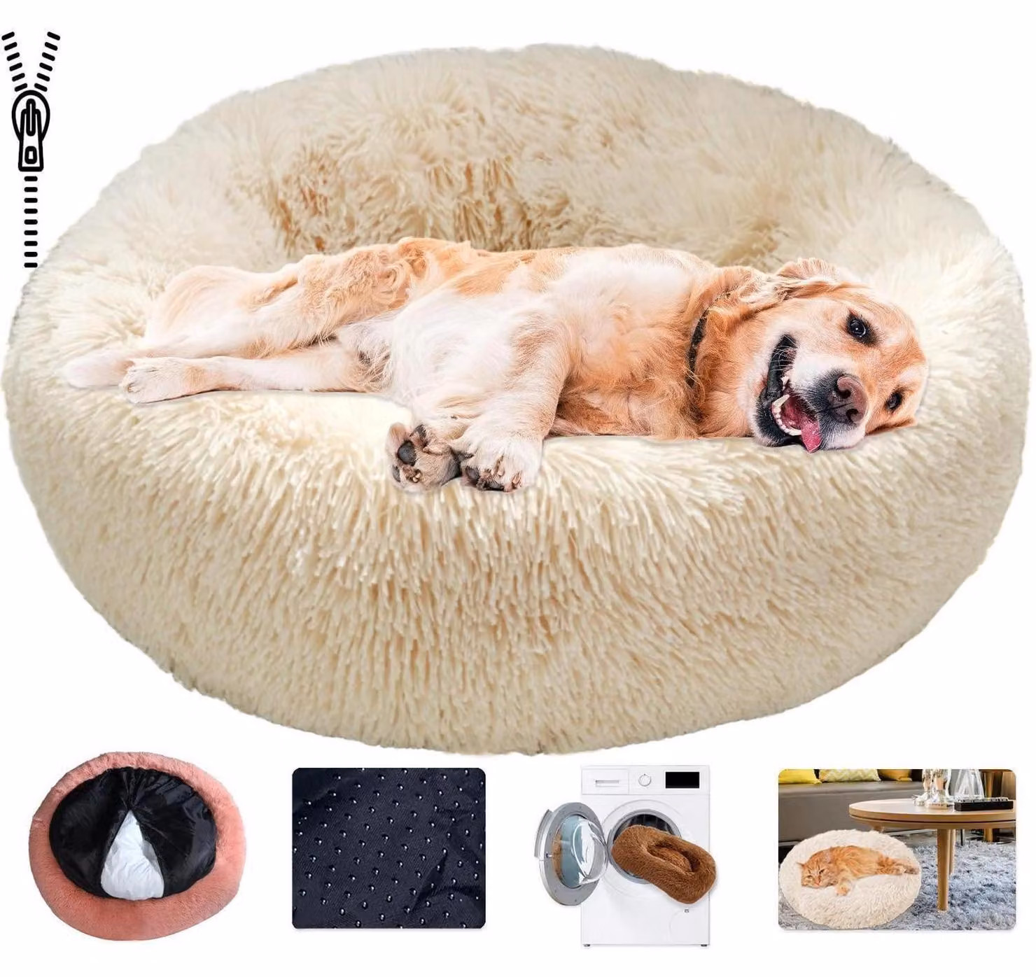 Cuccia per cani a forma di ciambella, in peluche, lavabile, color beige chiaro, taglia 5XL (120 cm)