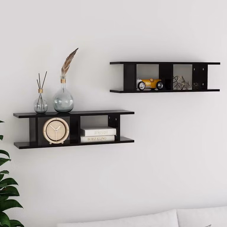 Set di 2 mensole a parete vidaXL nere in legno, design moderno per soggiorno o camera da letto, L 75 x P 20 x H 18 cm