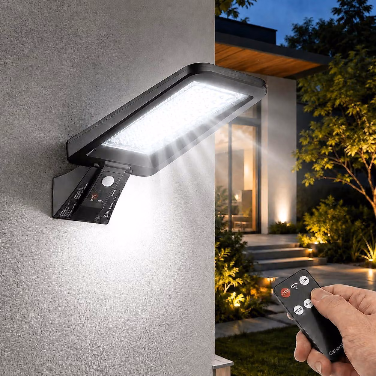 Lampada solare da esterno con sensore di movimento, luce bianco caldo, forma rettangolare, colore nero