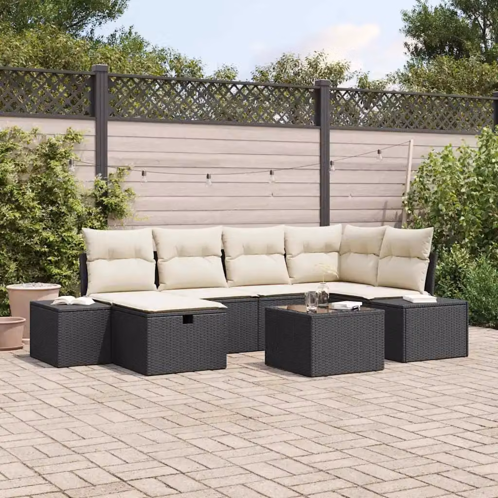 Set Divano da Giardino vidaXL 7 Pezzi Moderno a Forma di L con Tavolino e Cuscini Beige e Nero – 1