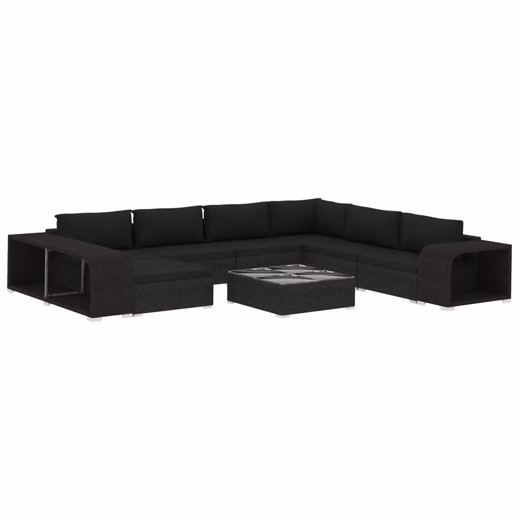 Set da giardino moderno vidaXL composto da 10 pezzi con divani a L, pouf, tavolino e cuscini in polyrattan nero con struttura in acciaio verniciato a polvere – 2