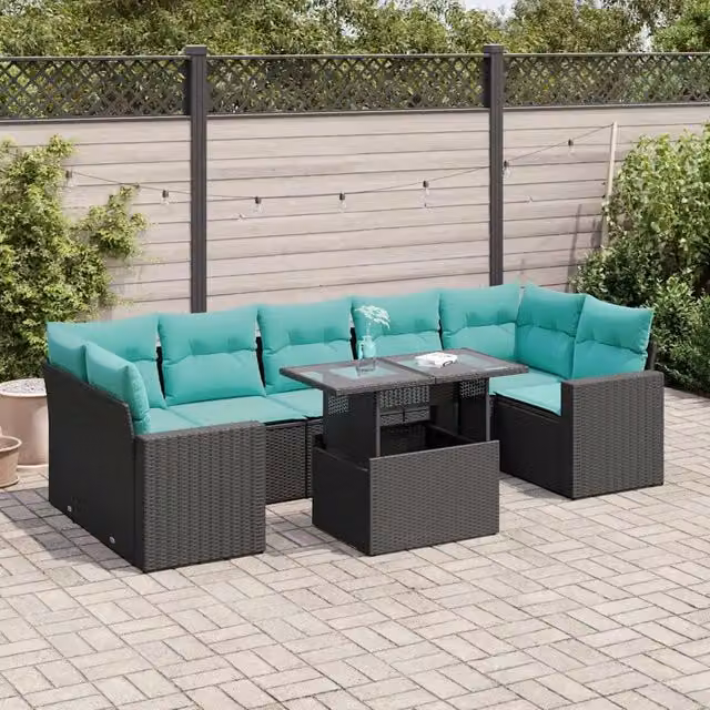 Set Divani da Giardino con Cuscini 8 pz Nero Polyrattan Acacia 3326278