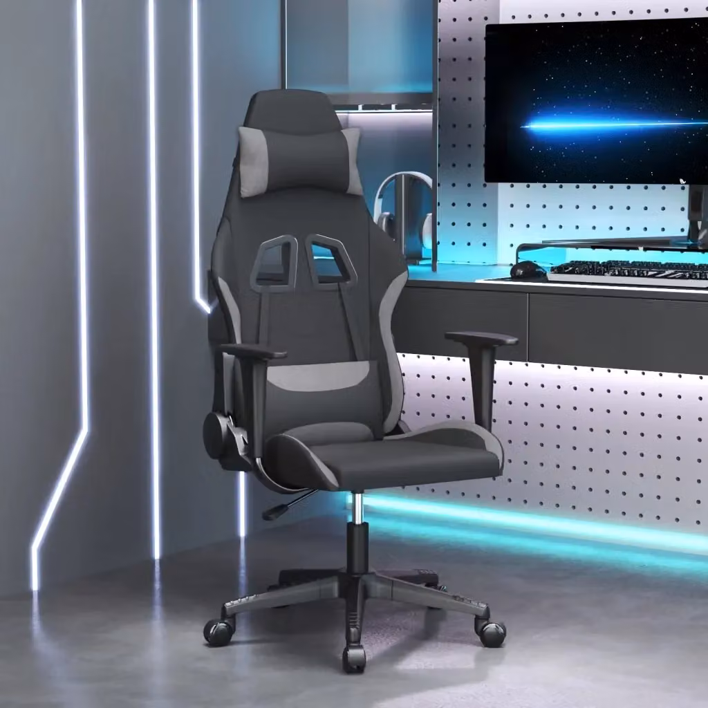 Sedia da Gaming con Poggiatesta e Braccioli, Rivestimento in Tessuto, Nero e Grigio, Regolabile e Girevole a 360 Gradi – 2