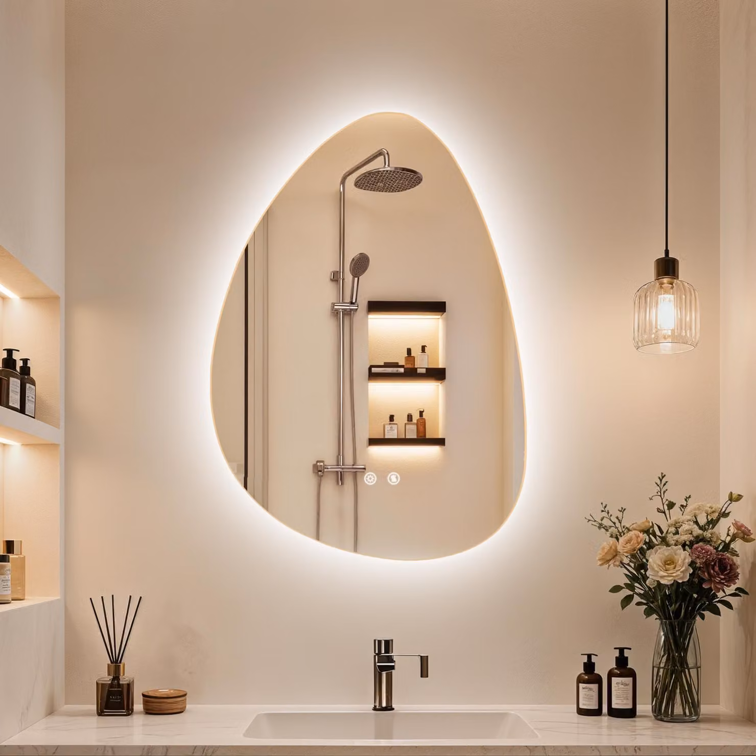 Specchio da bagno a LED asimmetrico, 70x50 cm, con funzione di dimmerazione, 3 colori, controllo touch