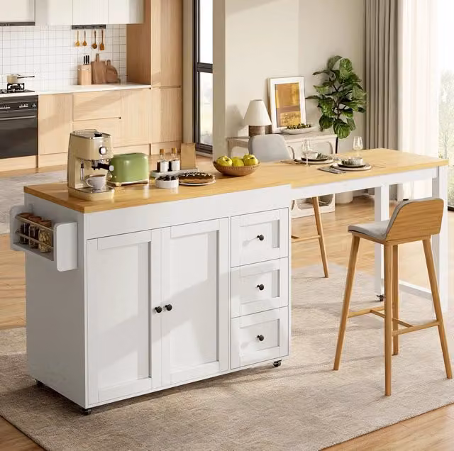 Isola cucina estensibile bianca 116-179,5 cm con contenitori, ruote e 3 cassetti