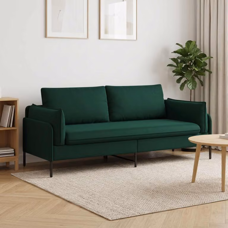 Divano 3-Persone vidaXL in Velluto Verde con Rivestimenti Rimovibili L: 222 cm, P: 81 cm, H: 89 cm