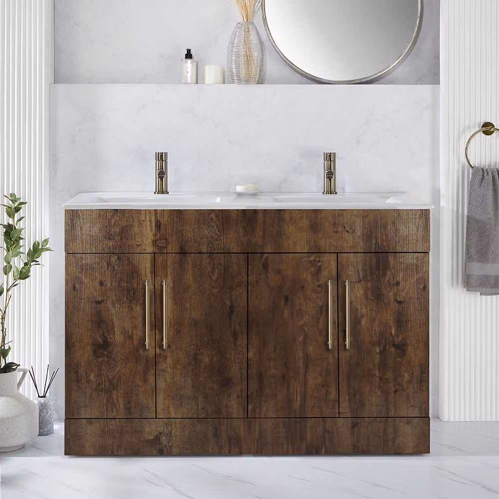 Mobile Bagno a Terra Rovere Scuro da 1210mm con Doppio Lavabo e Maniglie con Barra a T in Ottone Spazzolato - Cluo