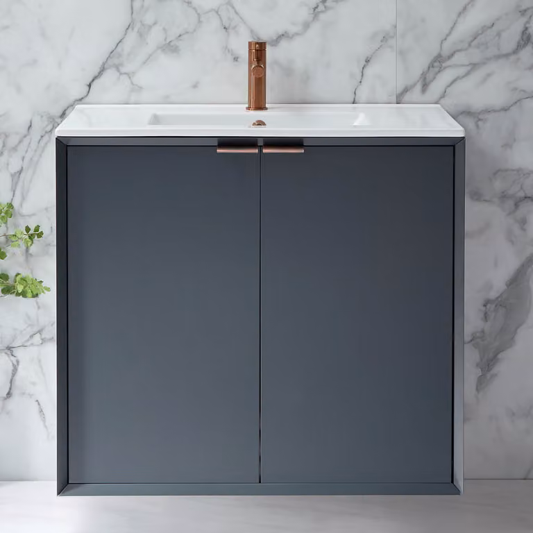 Mobile Bagno Sospeso Antracite 810mm con Lavabo e Maniglie con Impugnatura a Dito in Rame Satinato - Edge